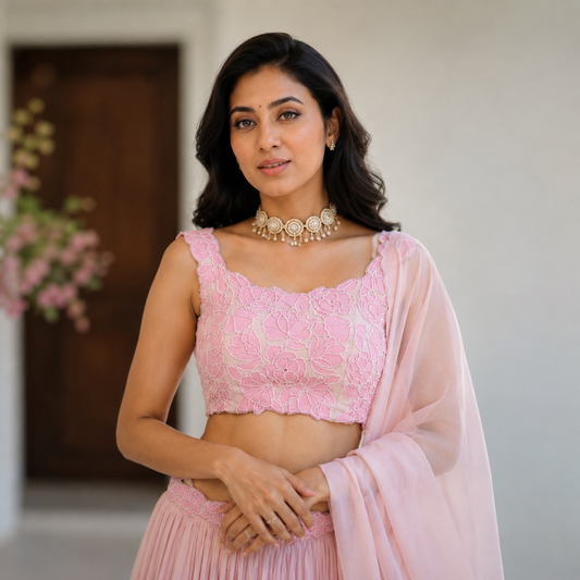 Pink Applique Pearl Skirt Set