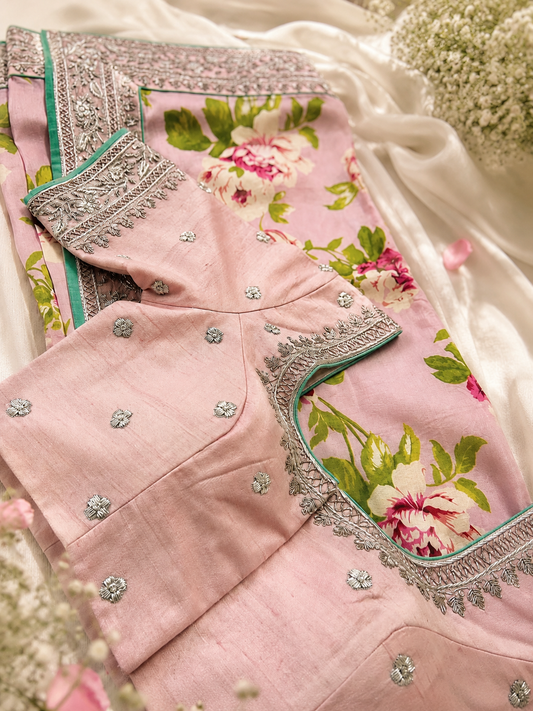Pink Flower Bunch Silk Saree