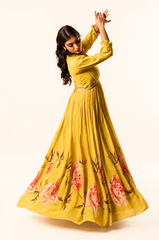 Yellow Peonia Printed Floorlength