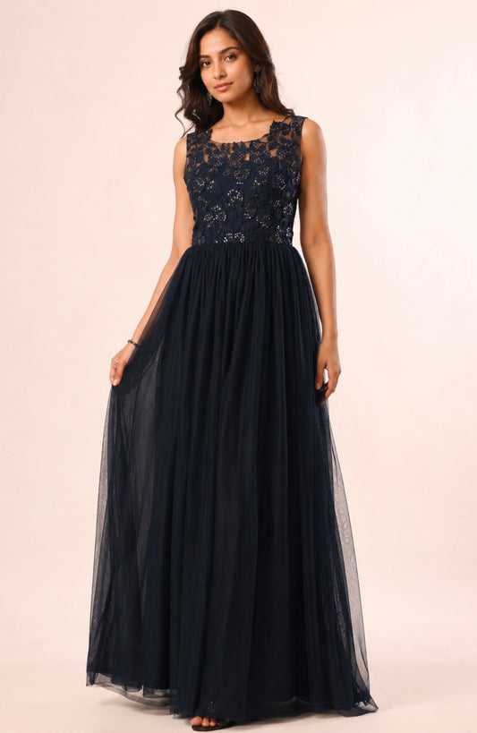 Midnight Blue Applique Tulle Gown
