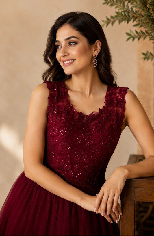 Burgundy Applique Tulle Gown