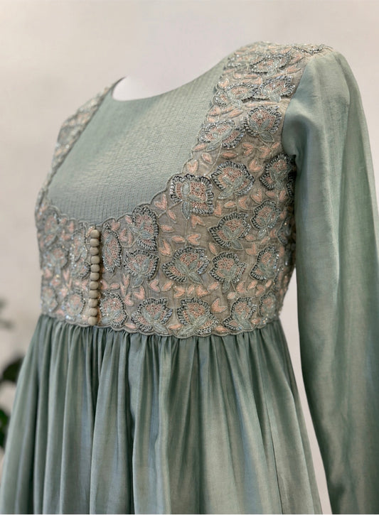 Dusty Green Rose Knot embroidery Anarkali set
