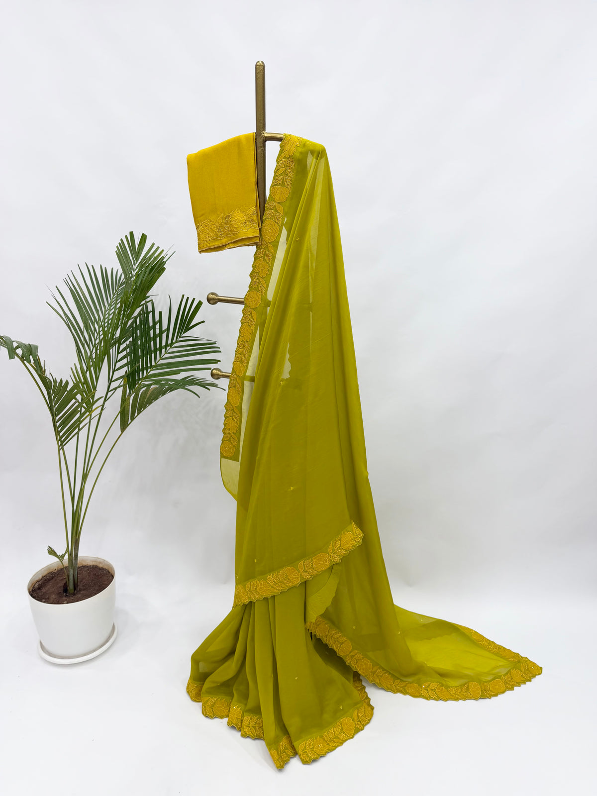 Leaf green applique falling organza with hand em