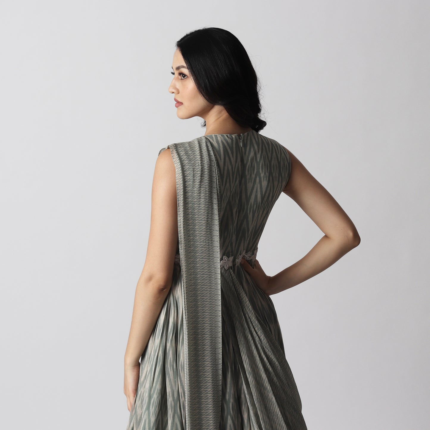 Sage Green Stripes drape Floorlength with embroidered Belt