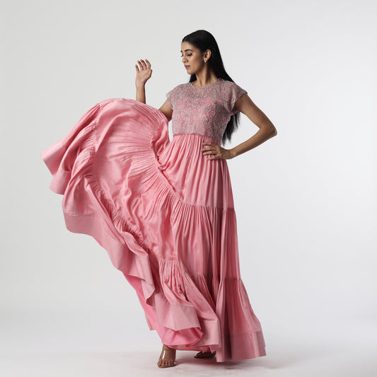 Powder Pink Layered Floorlength with pearl Tie Jacket