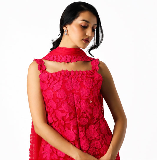 Red Applique Kurta Set