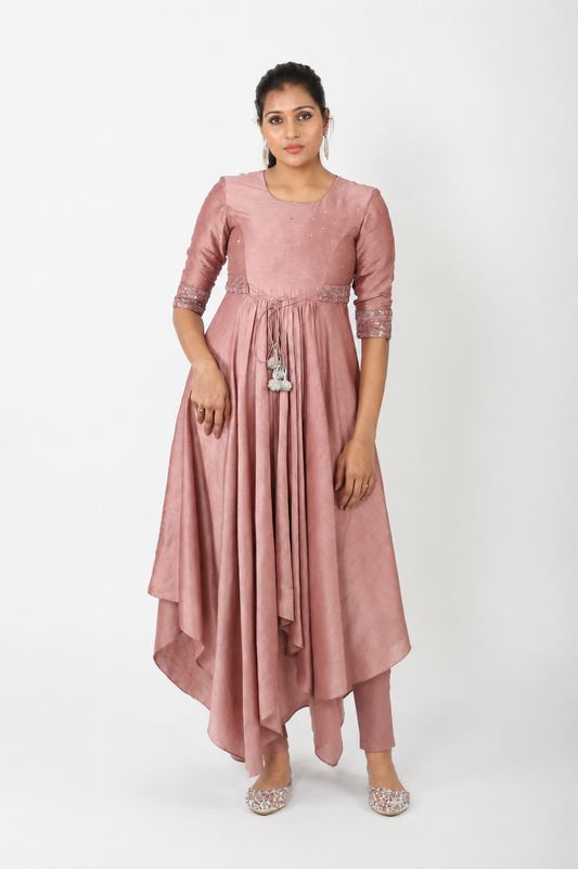 Dusty rose asymmetrical flared kurta set
