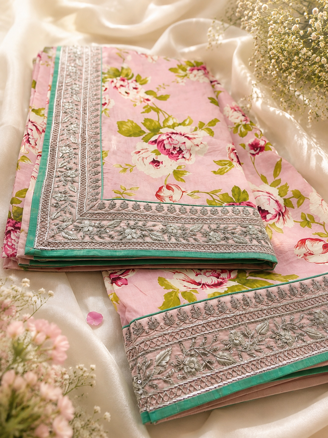 Pink Flower Bunch Silk Saree