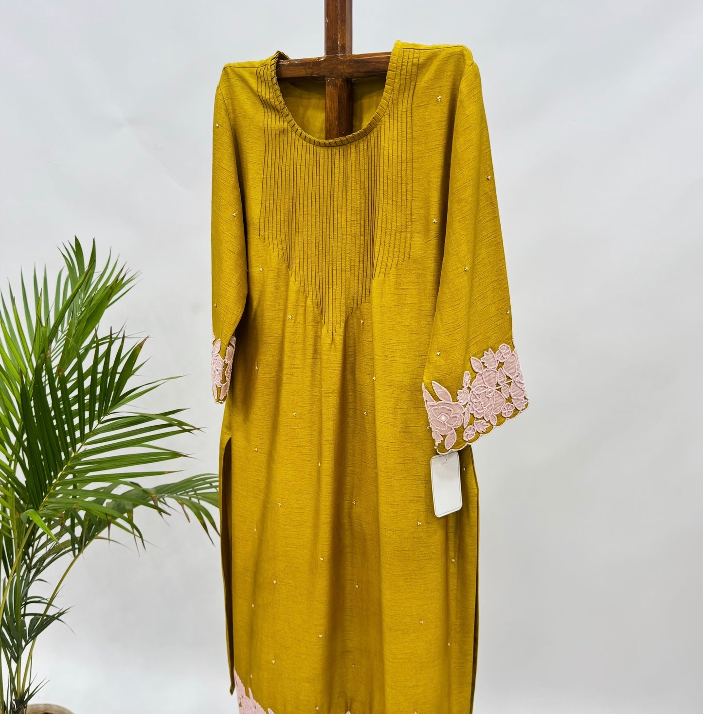 Mustard Yellow Applique Pearl Kurta with Pants