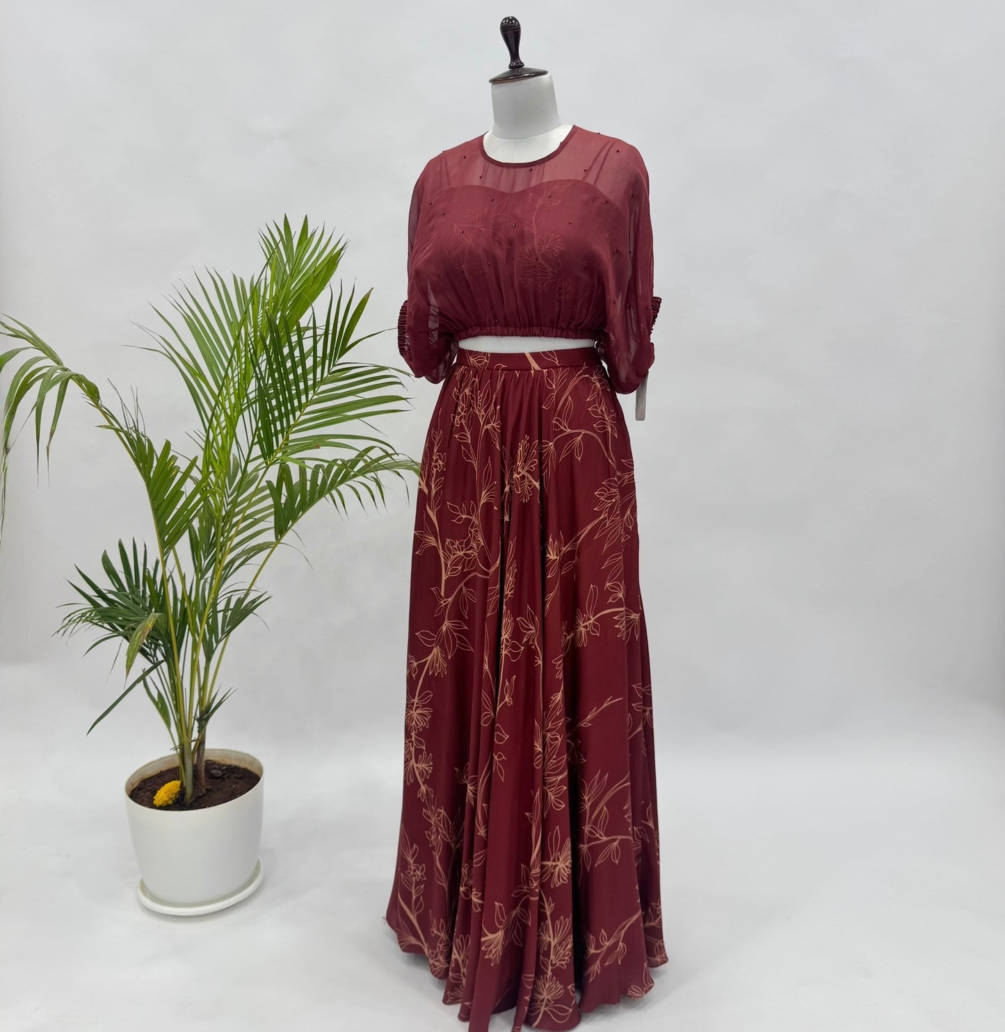 Maroon Foliole Outline Balloon Top Skirt Set