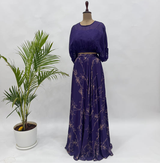 Purple Foliole Outline Balloon Top Skirt Set