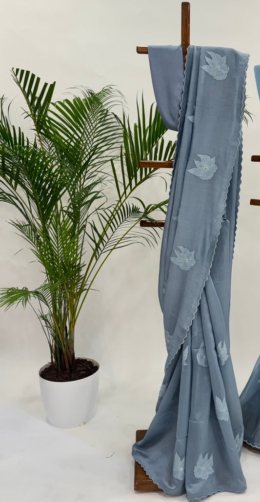 Powder Blue Vt Applique Motifs Chanderi Silk Saree