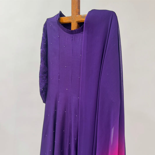 Purple Applique Sleeve Kurta Set