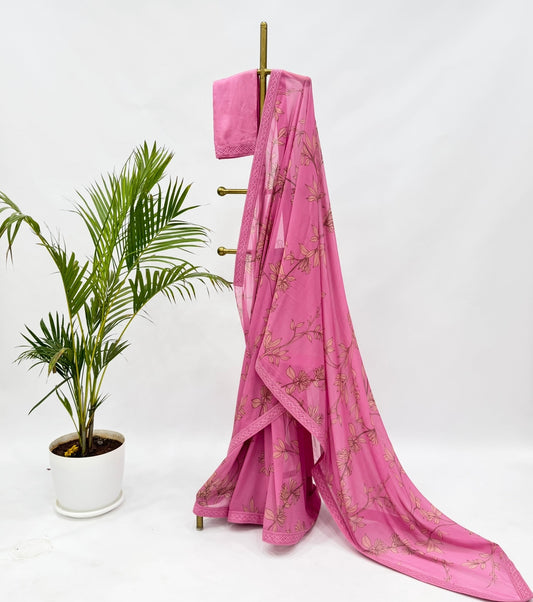Bubblegum Pink Foliole Georgette Saree