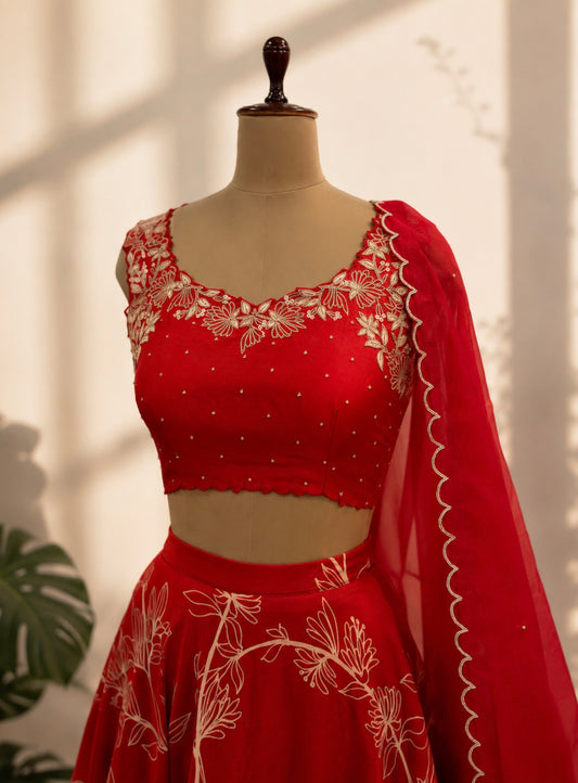 Red Foliole outline Chanderi Silk Skirt Set