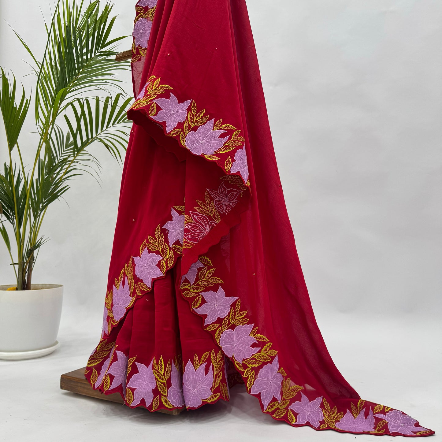 Red VT Applique Embroidered Chanderi Silk Saree