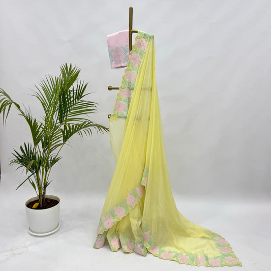Lime YellowVT Applique Border Falling Organza Saree