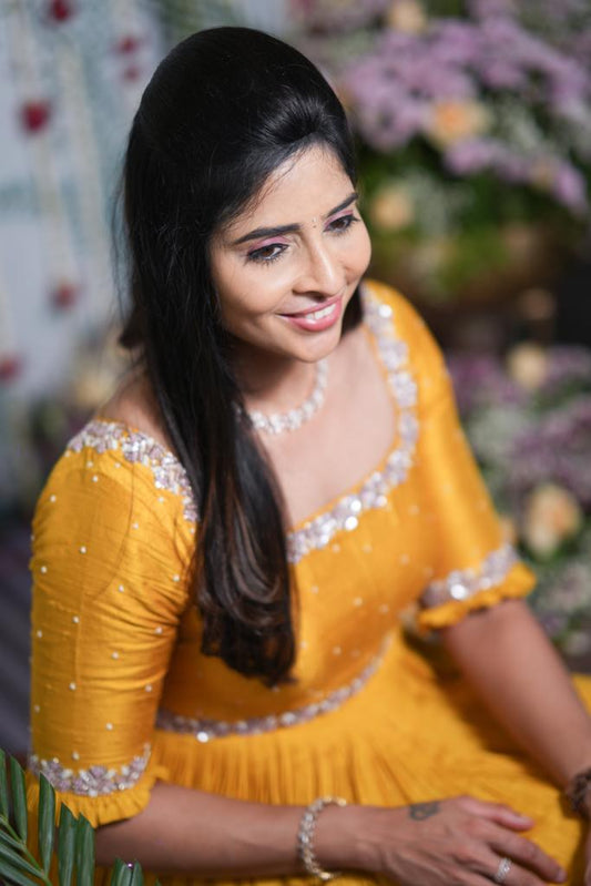 Mustard Yellow knot embroidery Anarkali set