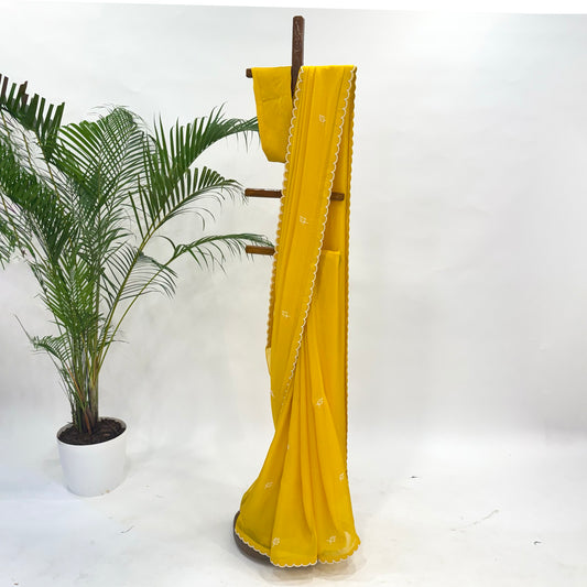 Yellow Leaf Pearl Motifs Falling Organza Saree