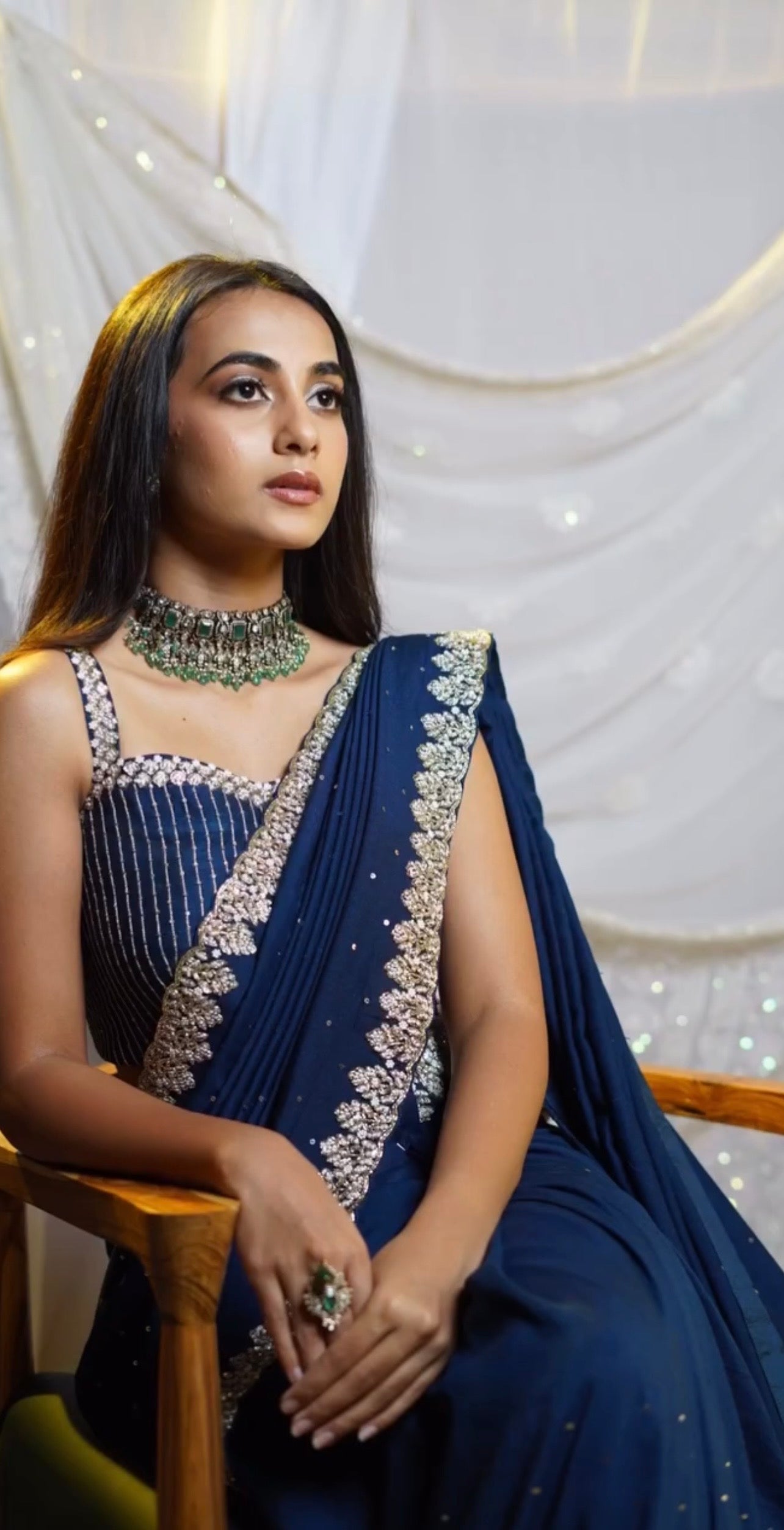 Midnight Blue Knot Embroidery Saree set