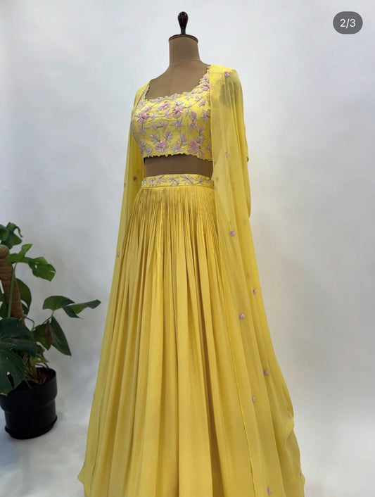 Yellow Multibead Skirt Cape Set