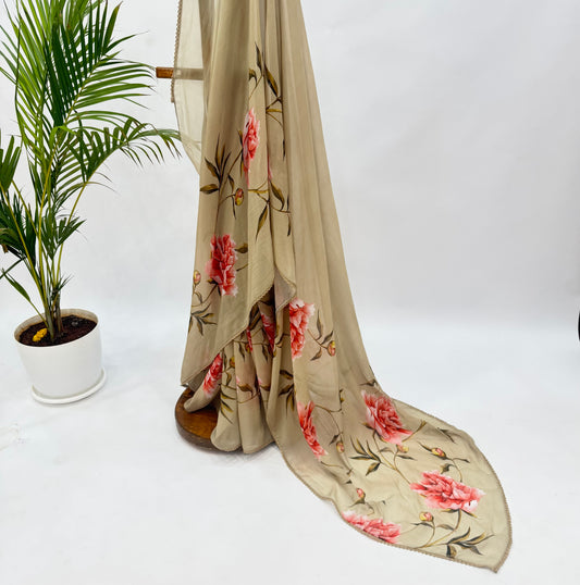 Sage Olive Peonia Falling organza saree with lace