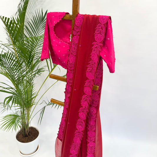 Red Applique Falling Organza Saree Set