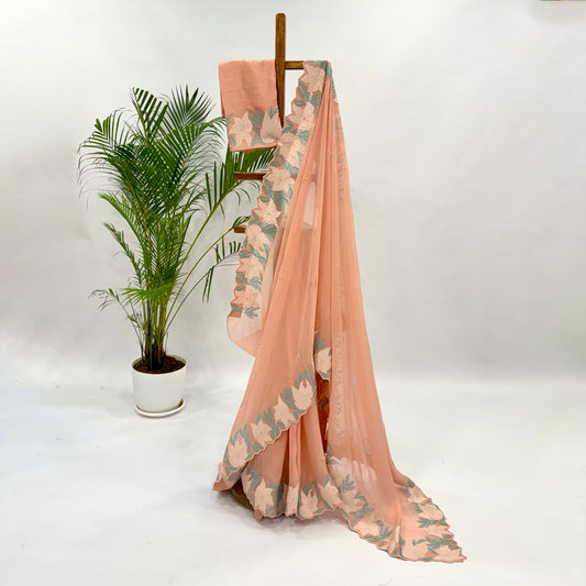 Peach VT Applique Border Falling Organza Saree
