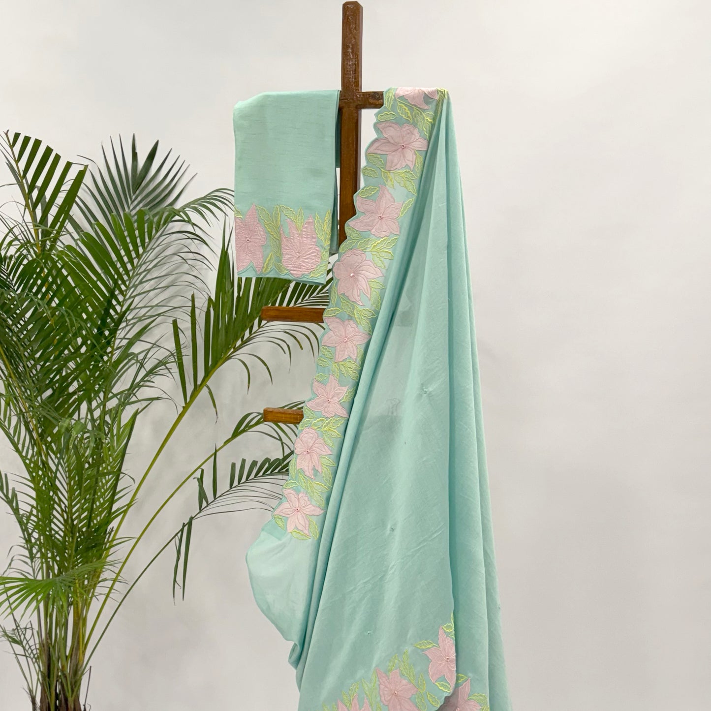 Aqua VT Applique Chanderi Silk Organza Saree
