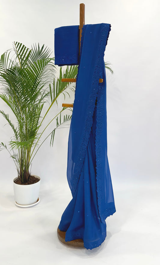 Shocking Blue Applique Falling Organza Saree Set