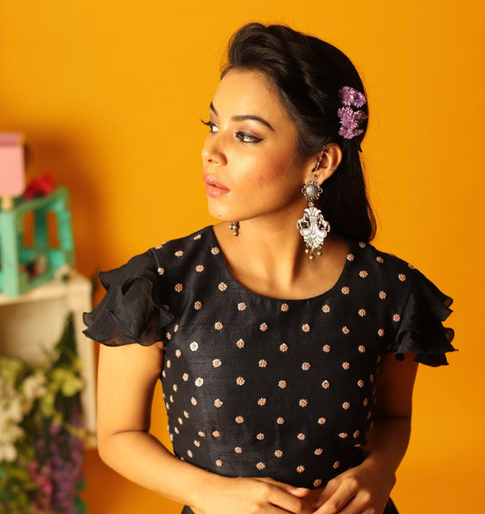 Black Sequin Knot Ruffle Sleeve Blouse