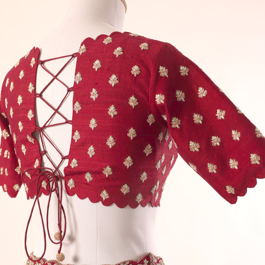 Burgundy Peony Knot Motifs Blouse