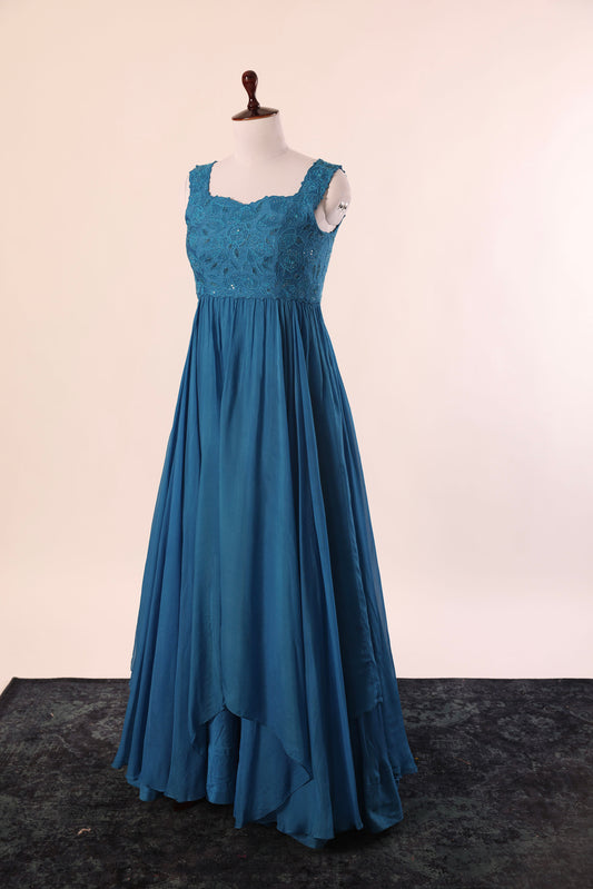 Peacock Blue Applique Asymmetrical Floorlength