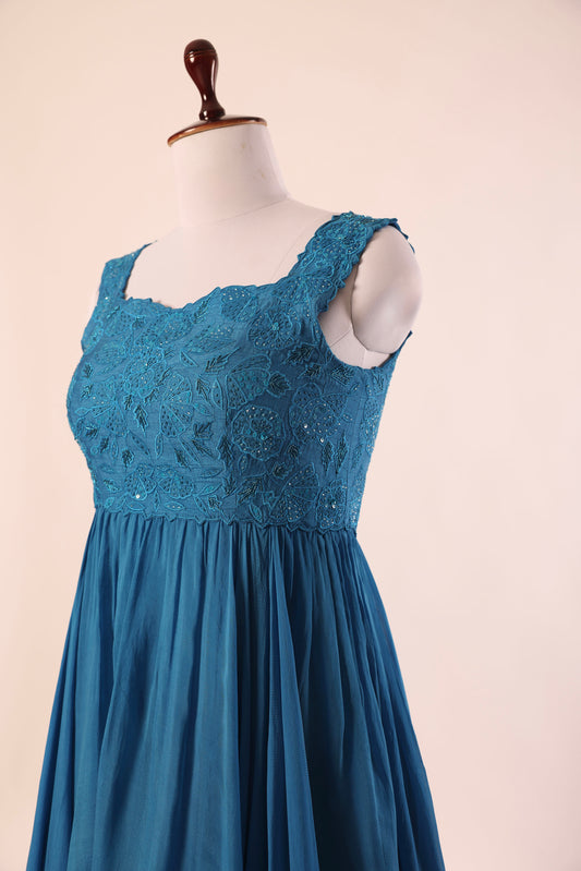Peacock Blue Applique Asymmetrical Floorlength