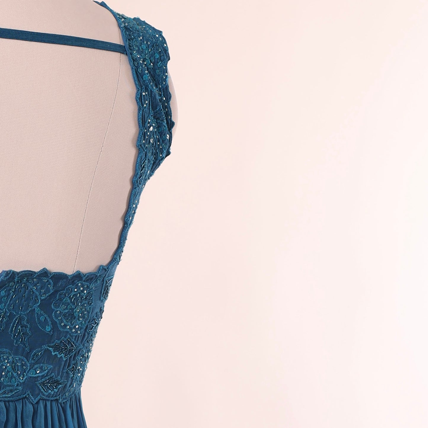 Peacock Blue Applique Asymmetrical Floorlength