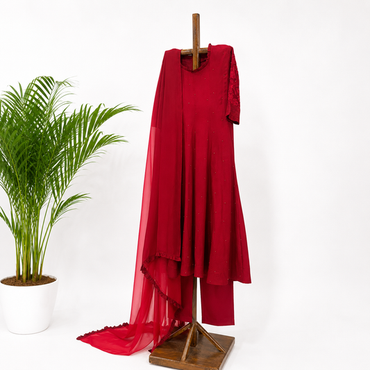 Red Applique Sleeve Kurta Set