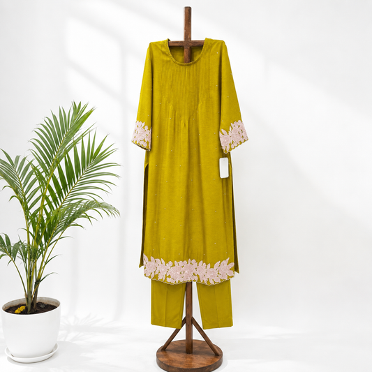Mustard Yellow Applique Pearl Kurta with Pants