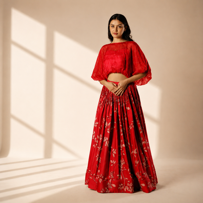 Red Foliole Balloon Top and Skirt set