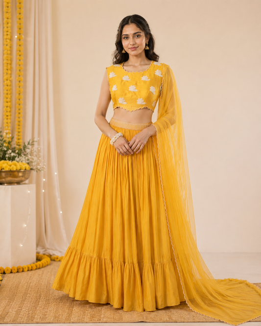 SunShine Yellow Georgette Flowers Skirt Set
