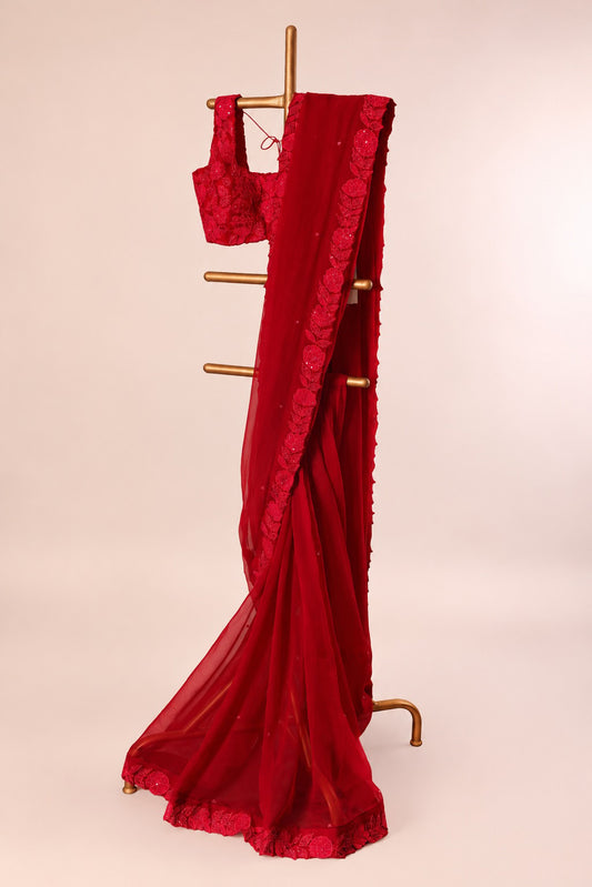 Red Applique and zardosi embellished falling Organza Saree and silk blouse