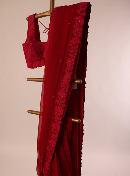 Red Applique and zardosi embellished falling Organza Saree and silk blouse