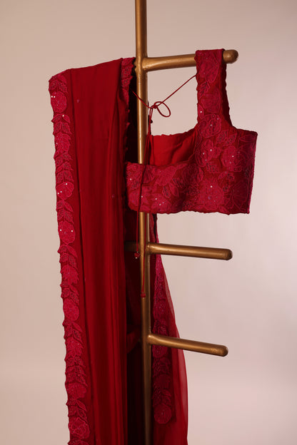 Red Applique and zardosi embellished falling Organza Saree and silk blouse