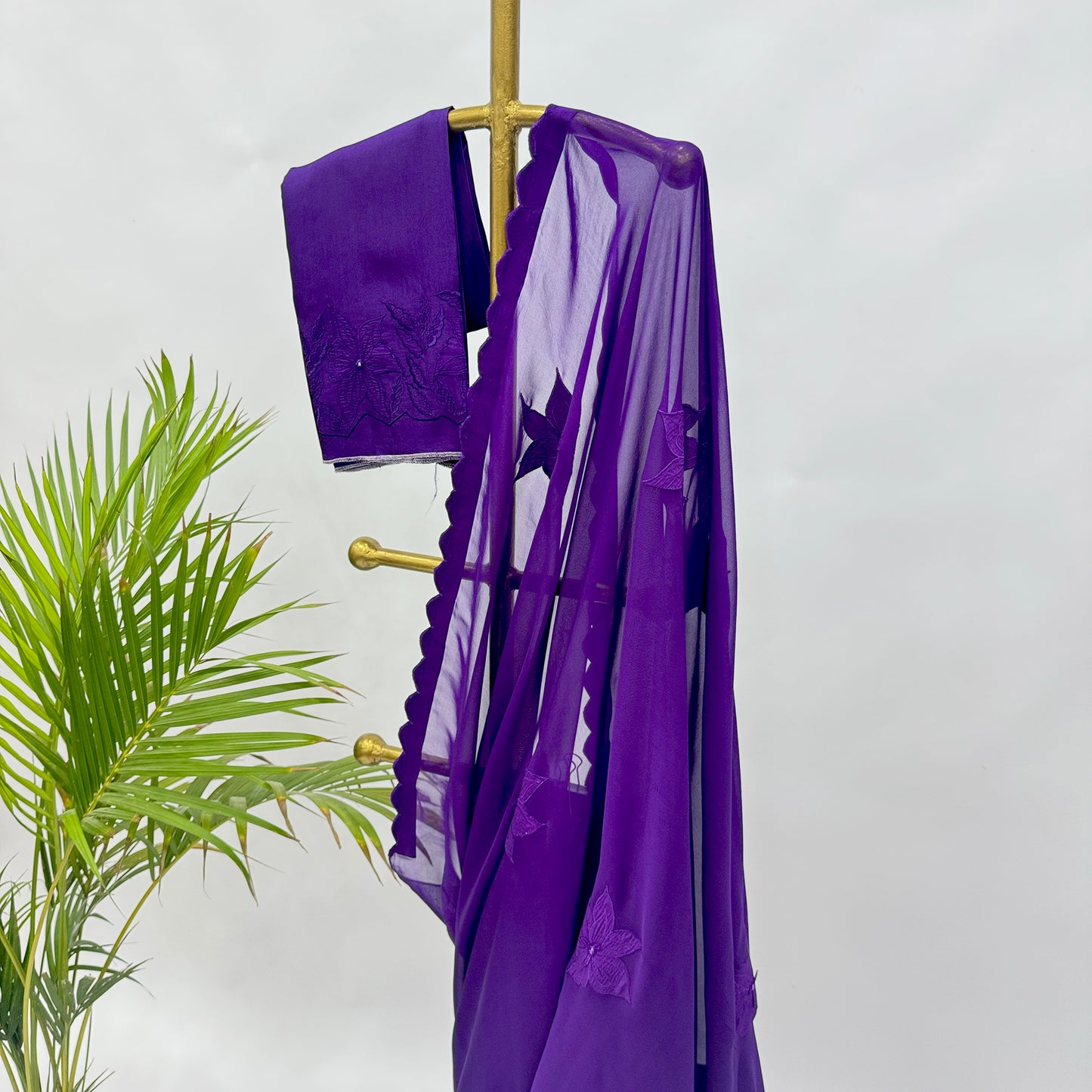 Purple VT Applique Motifs Falling Organza Saree