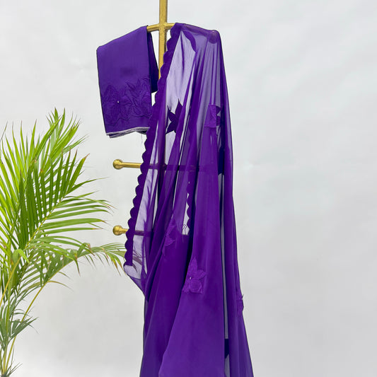 Purple VT Applique Motifs Falling Organza Saree