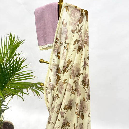Cream and Pink Flower Bunch Georegtte Saree