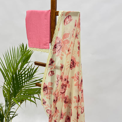 Cream And Peach Flower Bunch Saree