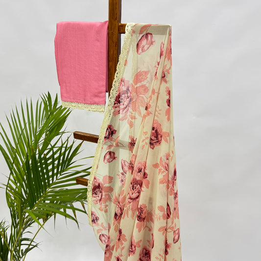 Cream And Peach Flower Bunch Saree