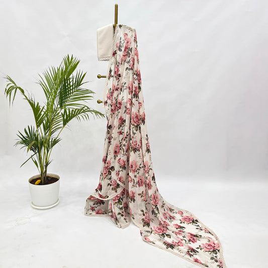 Ivory Flower Bunch Georgette Saree