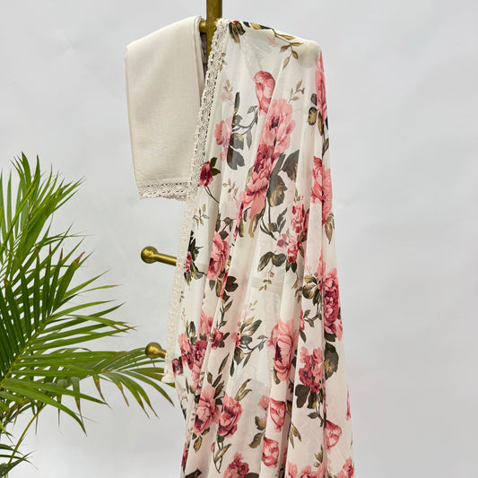 Ivory Flower Bunch Georgette Saree