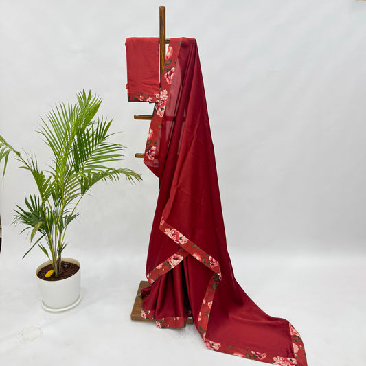 Red Flower Bunch Border Satin Organza Saree